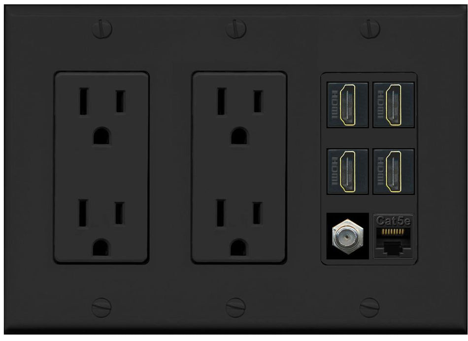 RiteAV 4 Port HDMI 1 Coax Cable TV- F-Type 1 Cat5E Ethernet Wall Plate - 2 Outlet [Black/Black]