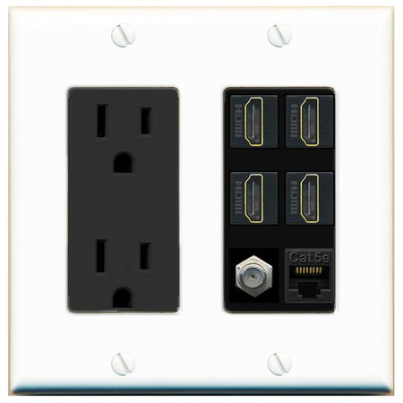 RiteAV 4 Port HDMI 1 Coax Cable TV- F-Type 1 Cat5E Ethernet Wall Plate - Outlet [White/Black]