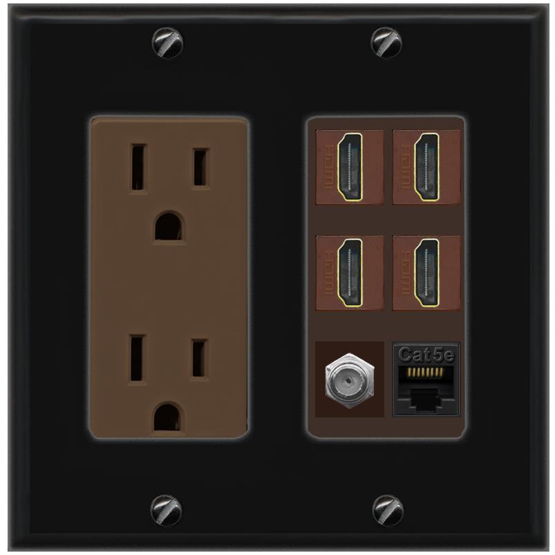 RiteAV 4 Port HDMI 1 Coax Cable TV- F-Type 1 Cat5E Ethernet Wall Plate - Outlet [Black/Brown]