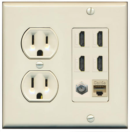 RiteAV 4 Port HDMI 1 Coax Cable TV- F-Type 1 Cat5E Ethernet Wall Plate - Round Outlet [Light-Almond]