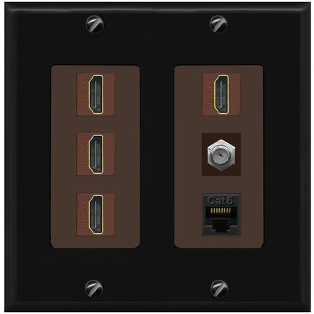 RiteAV 4 Port HDMI 1 Coax Cable TV- F-Type 1 Cat6 Ethernet Wall Plate - 2 Gang [Black/Brown]