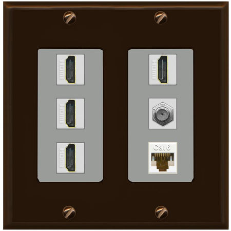 RiteAV 4 Port HDMI 1 Coax Cable TV- F-Type 1 Cat6 Ethernet Wall Plate - 2 Gang [Brown/Gray]