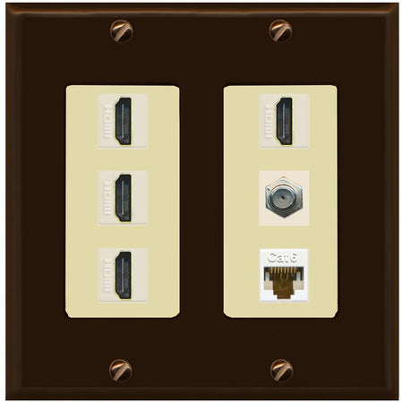 RiteAV 4 Port HDMI 1 Coax Cable TV- F-Type 1 Cat6 Ethernet Wall Plate - 2 Gang [Brown/Ivory]