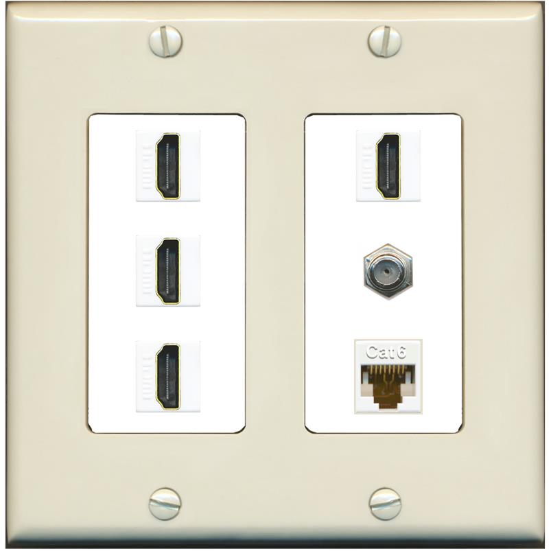 RiteAV 4 Port HDMI 1 Coax Cable TV- F-Type 1 Cat6 Ethernet Wall Plate - 2 Gang [Light-Almond/White]