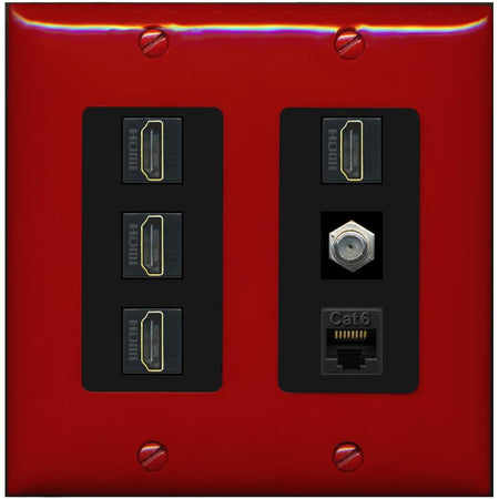 RiteAV 4 Port HDMI 1 Coax Cable TV- F-Type 1 Cat6 Ethernet Wall Plate - 2 Gang [Red/Black]