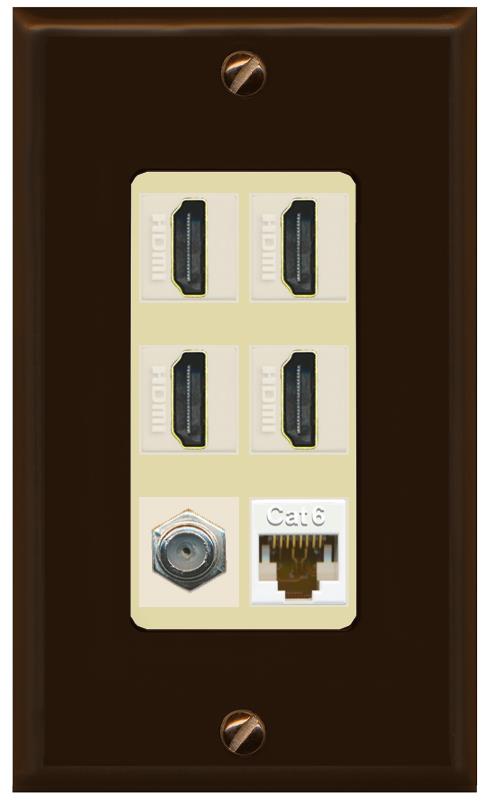 RiteAV 4 Port HDMI 1 Coax Cable TV- F-Type 1 Cat6 Ethernet Wall Plate - 1 Gang [Brown/Ivory]