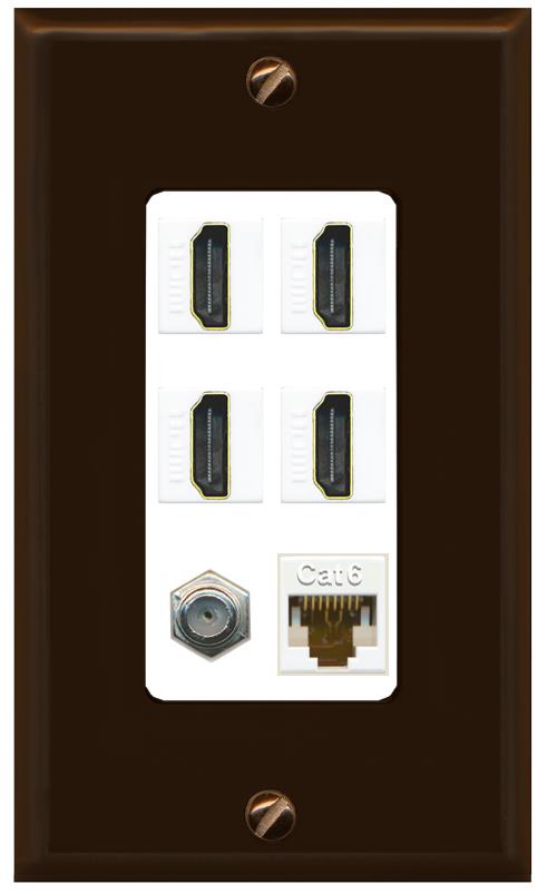 RiteAV 4 Port HDMI 1 Coax Cable TV- F-Type 1 Cat6 Ethernet Wall Plate - 1 Gang [Brown/White]