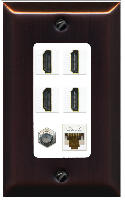 RiteAV 4 Port HDMI 1 Coax Cable TV- F-Type 1 Cat6 Ethernet Wall Plate - 1 Gang [Bronze/White]