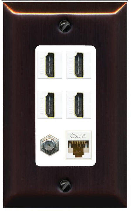 RiteAV 4 Port HDMI 1 Coax Cable TV- F-Type 1 Cat6 Ethernet Wall Plate - 1 Gang [Bronze/White]