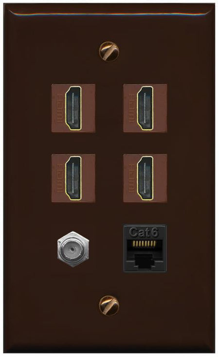 RiteAV 4 Port HDMI 1 Coax Cable TV- F-Type 1 Cat6 Ethernet Wall Plate - Flat [Brown/Brown]