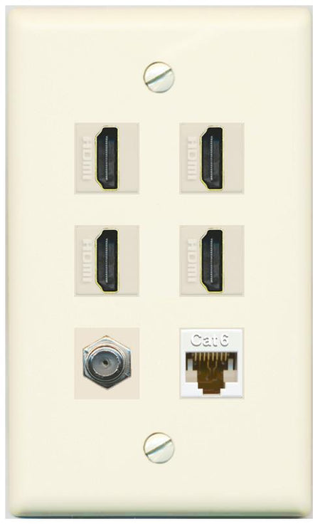 RiteAV 4 Port HDMI 1 Coax Cable TV- F-Type 1 Cat6 Ethernet Wall Plate - Flat [Light-Almond]