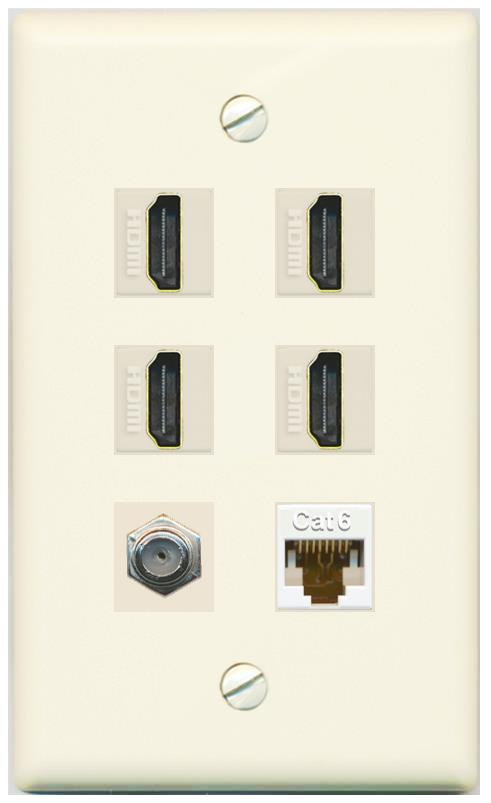RiteAV 4 Port HDMI 1 Coax Cable TV- F-Type 1 Cat6 Ethernet Wall Plate - Flat [Light-Almond]