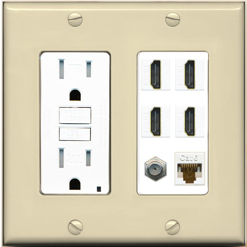 RiteAV 4 Port HDMI 1 Coax Cable TV- F-Type 1 Cat6 Ethernet Wall Plate - GFCI [Ivory/White]