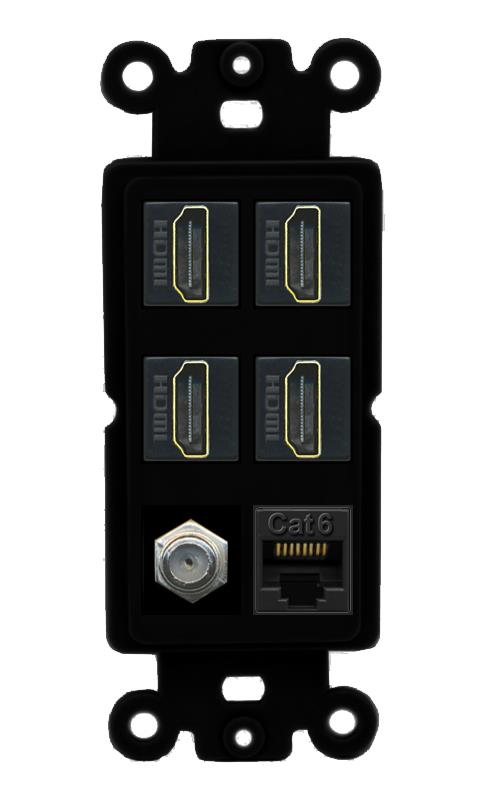 RiteAV 4 Port HDMI 1 Coax Cable TV- F-Type 1 Cat6 Ethernet Wall Plate - Rocker [Black/Black]