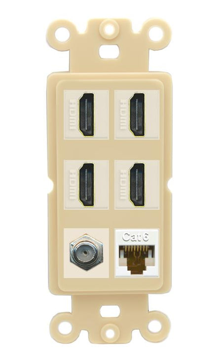 RiteAV 4 Port HDMI 1 Coax Cable TV- F-Type 1 Cat6 Ethernet Wall Plate - Rocker [Ivory/Ivory]