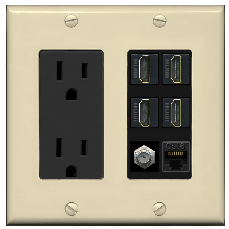 RiteAV 4 Port HDMI 1 Coax Cable TV- F-Type 1 Cat6 Ethernet Wall Plate - Outlet [Ivory/Black]