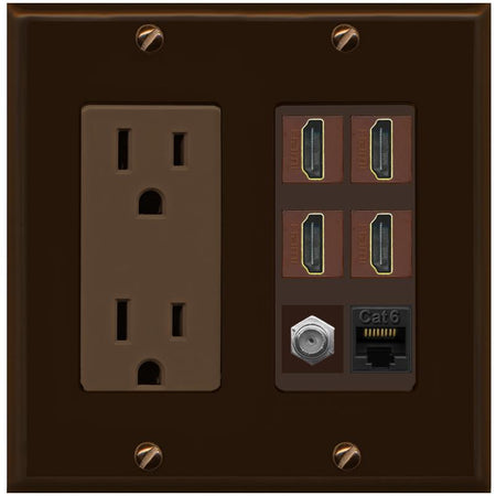 RiteAV 4 Port HDMI 1 Coax Cable TV- F-Type 1 Cat6 Ethernet Wall Plate - Outlet [Brown/Brown]