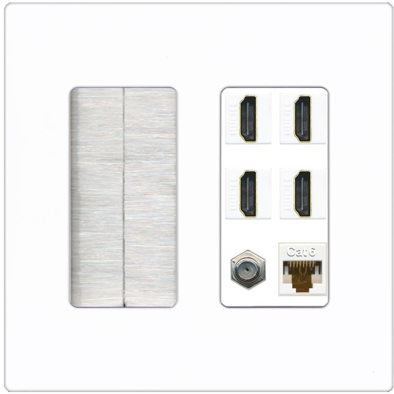 RiteAV 4 Port HDMI 1 Coax Cable TV- F-Type 1 Cat6 Ethernet Wall Plate - Brush [Screwless White]