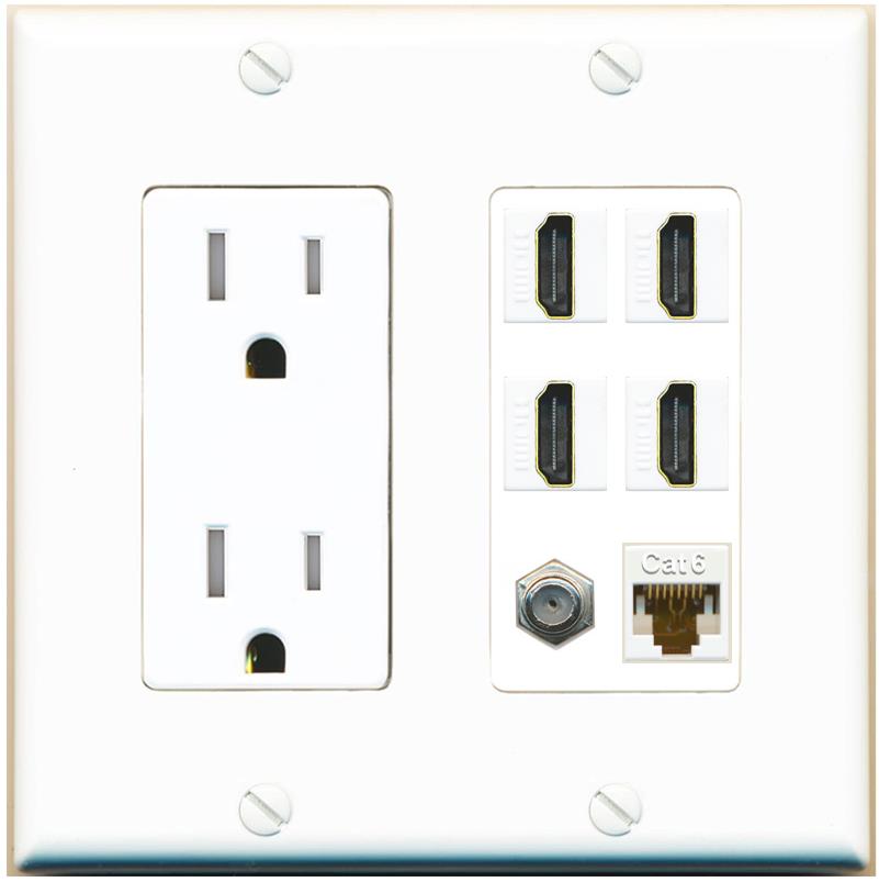 RiteAV 4 Port HDMI 1 Coax Cable TV- F-Type 1 Cat6 Ethernet Wall Plate - Tamper-Res [White]