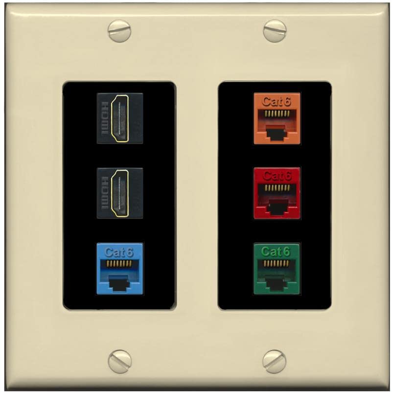 RiteAV 2 HDMI 4 Cat6 Ethernet Mixed Color Wall Plate - 2 Gang [Ivory/Black]