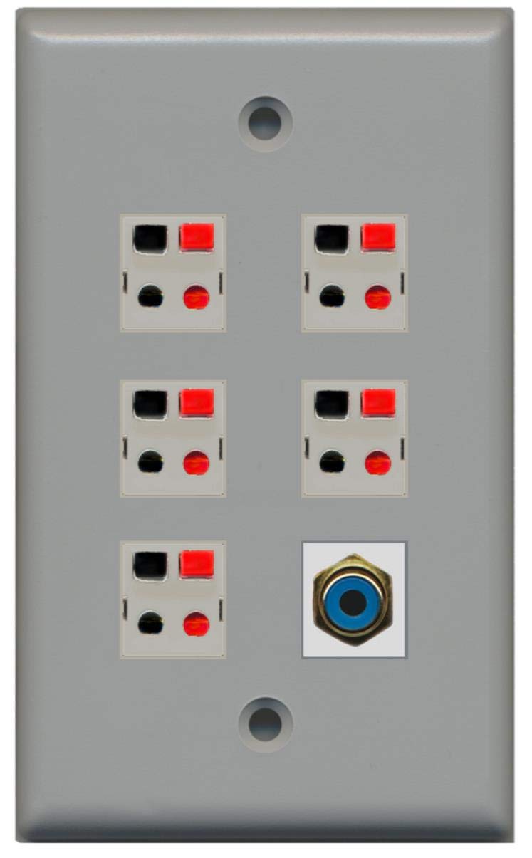 RiteAV 5 x Speaker Jacks and 1 x RCA Subwoofer Port Wall Plate Single Gang - Gray