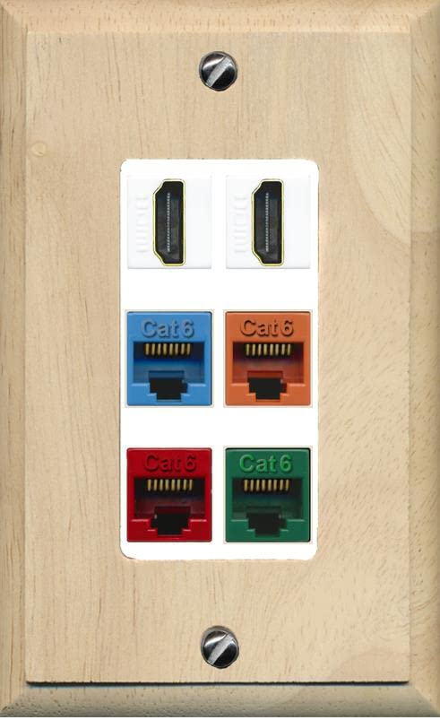 RiteAV 2 HDMI 4 Cat6 Ethernet Mixed Color Wall Plate - 1 Gang [Wood/White]