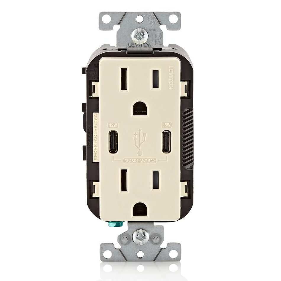 RiteAV - USB Dual Type-C/C in-Wall Charger with 15A Tamper-Resistant Outlet, USB Charger for Smartphones and Tablets, Not for Laptops, Light Almond
