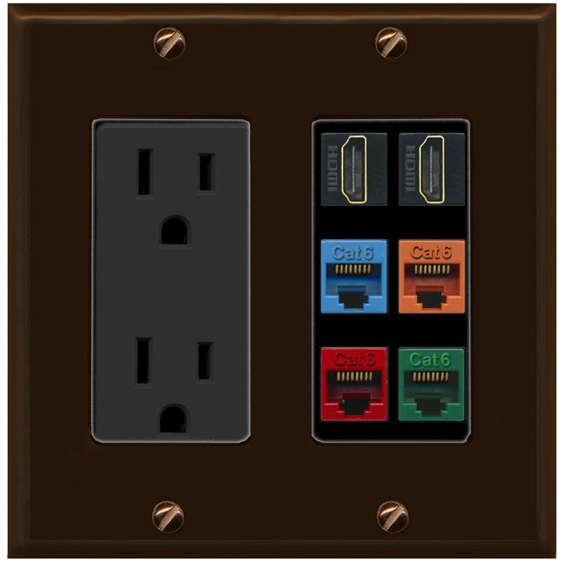 RiteAV 2 HDMI 4 Cat6 Ethernet Mixed Color Wall Plate - Outlet [Brown/Black]