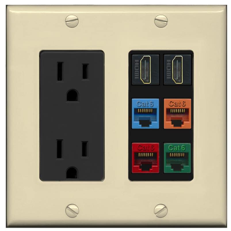 RiteAV 2 HDMI 4 Cat6 Ethernet Mixed Color Wall Plate - Outlet [Ivory/Black]