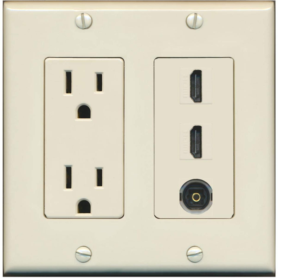 RiteAV - 15 Amp Power Outlet 2 Port HDMI 1 Port Toslink Decorative Wall Plate - Light Almond