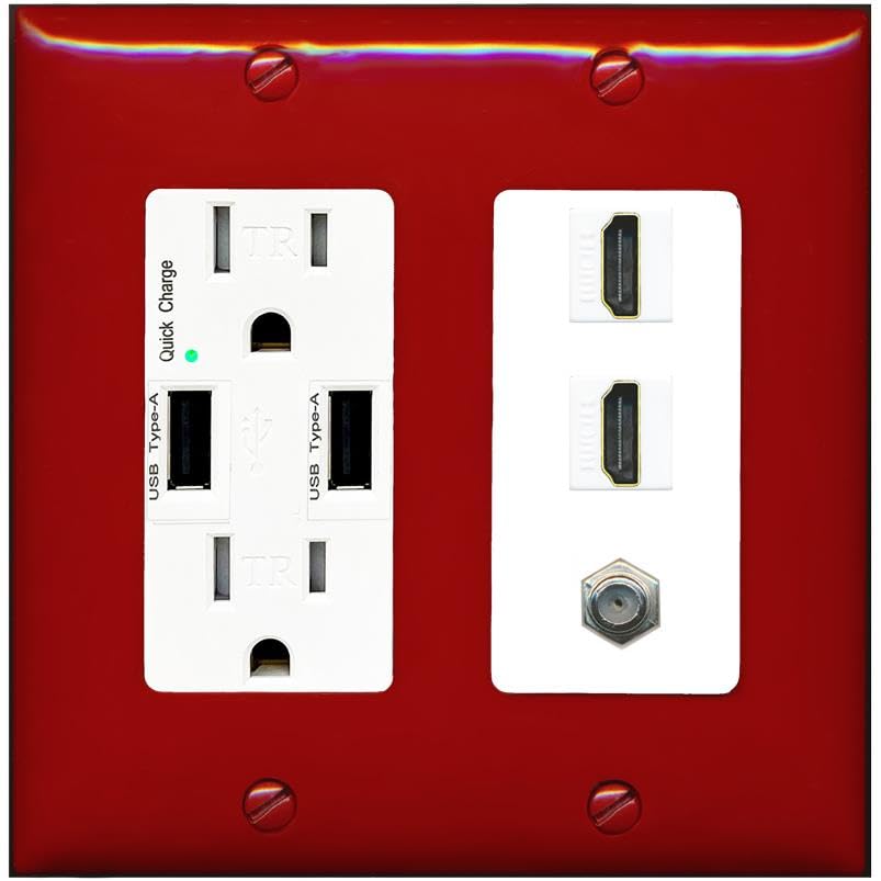 COAX 2 HDMI Wall Plate-USB Charger Red/White