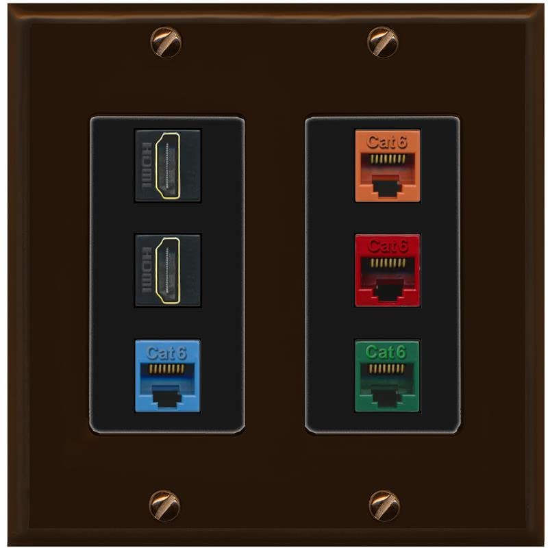 RiteAV 2 HDMI 4 Cat6 Ethernet Mixed Color Wall Plate - 2 Gang [Brown/Black]