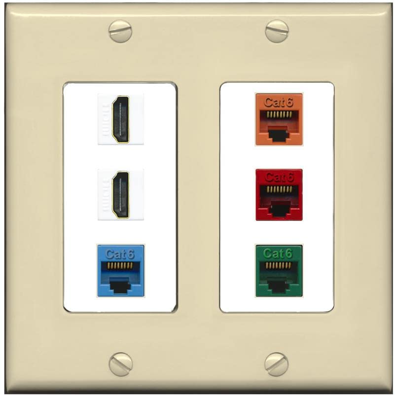 RiteAV 2 HDMI 4 Cat6 Ethernet Mixed Color Wall Plate - 2 Gang [Ivory/White]