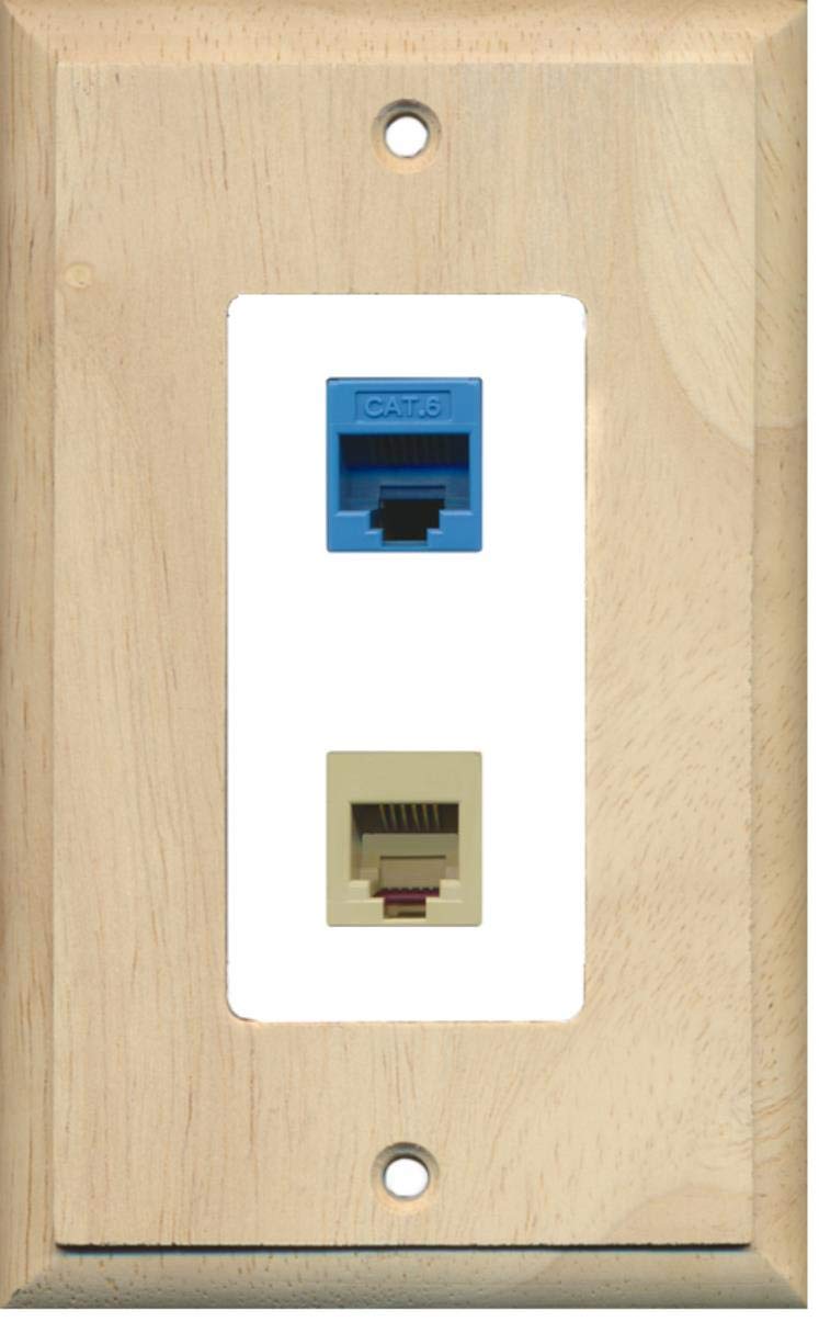 RiteAV - 1 Port Phone Beige 1 Port Cat6 Ethernet Blue Decorative Wall Plate - Wood/White