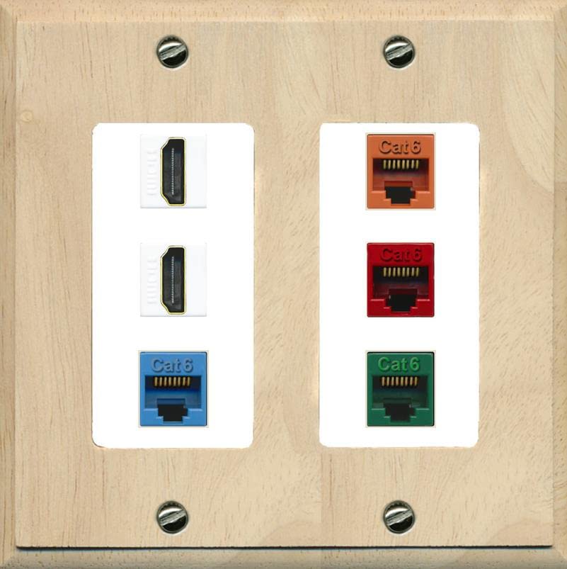 RiteAV 2 HDMI 4 Cat6 Ethernet Mixed Color Wall Plate - 2 Gang [Wood/White]