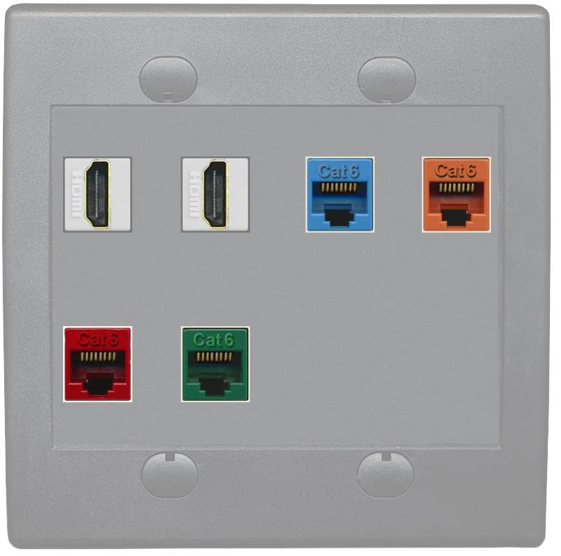 RiteAV 2 HDMI 4 Cat6 Ethernet Mixed Color Wall Plate - Flat 2 Gang [Gray/Gray]