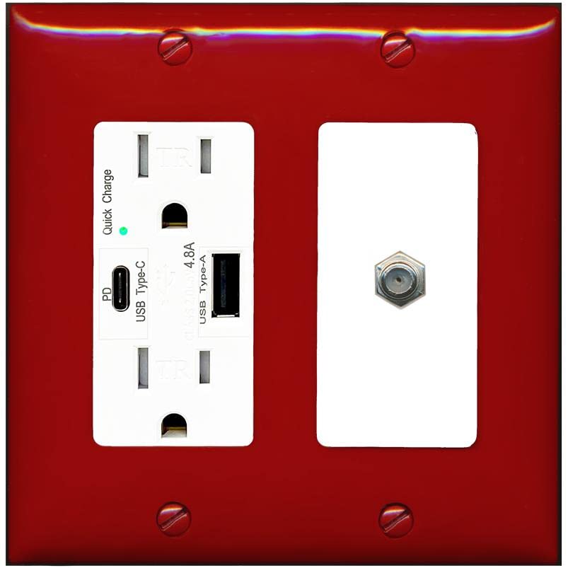 RiteAV 1 Port Coax Cable TV F-Type Wall Plate - USB A+C Charger [Red/White]