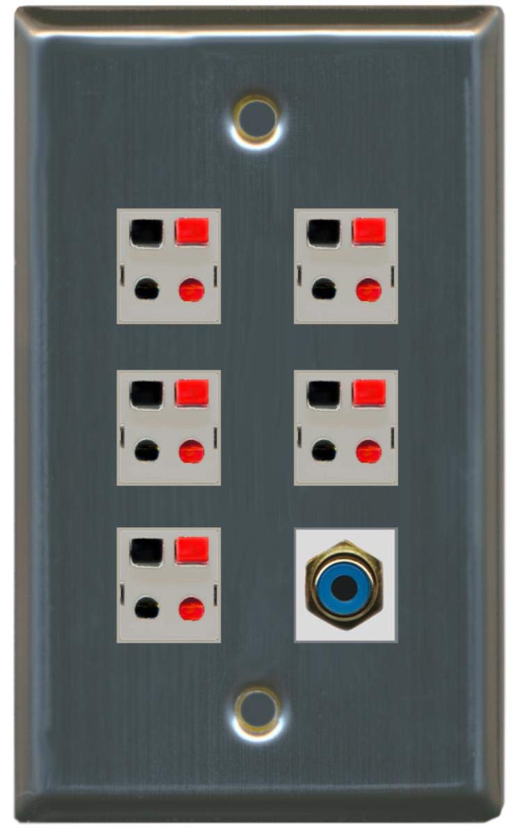 RiteAV 5 x Speaker Jacks and 1 x RCA Subwoofer Port Wall Plate Single Gang - Stainless Steel/Gray