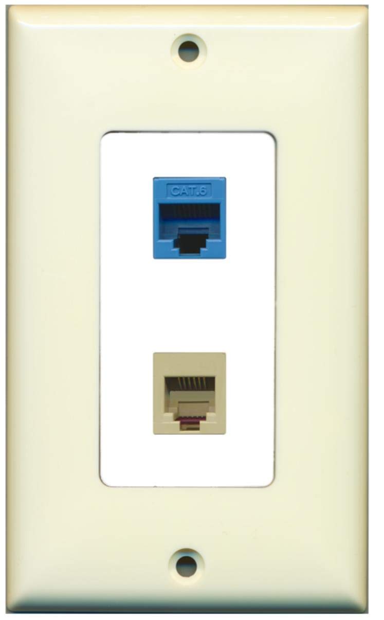 RiteAV - 1 Port Phone Beige 1 Port Cat6 Ethernet Blue Decorative Wall Plate - Light Almond/White - Bracket Included
