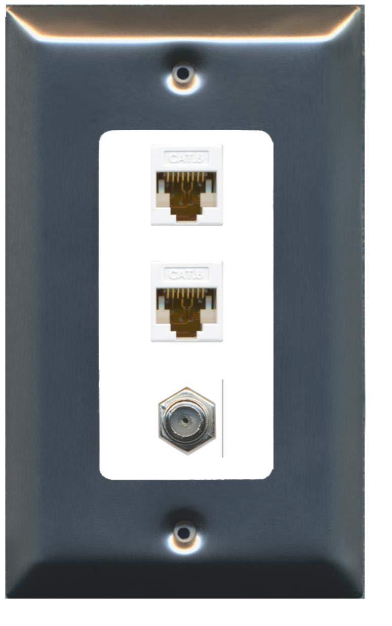 RiteAV Decorative 1 Gang Wall Plate - 3 Port - 2 x Cat6, 1 x Coax - Brushed Nickel/White