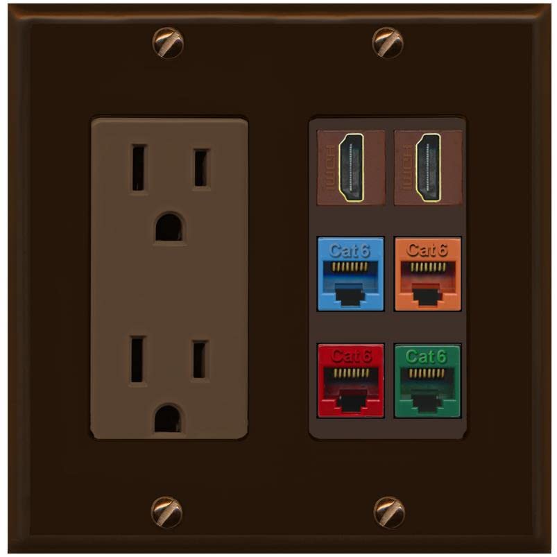 RiteAV 2 HDMI 4 Cat6 Ethernet Mixed Color Wall Plate - Outlet [Brown/Brown]