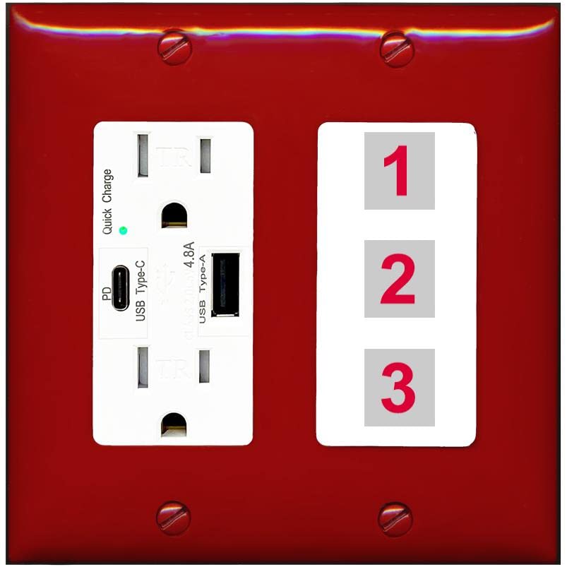 RiteAV - Custom Wall Plate 3 Port - USB A+C Charger [Red/White]