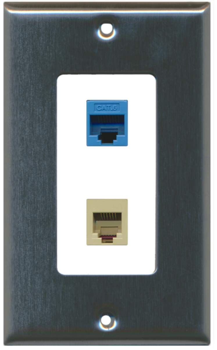 RiteAV - 1 Port Phone Beige 1 Port Cat6 Ethernet Blue Decorative Wall Plate - Stainless Steel/White - Bracket Included