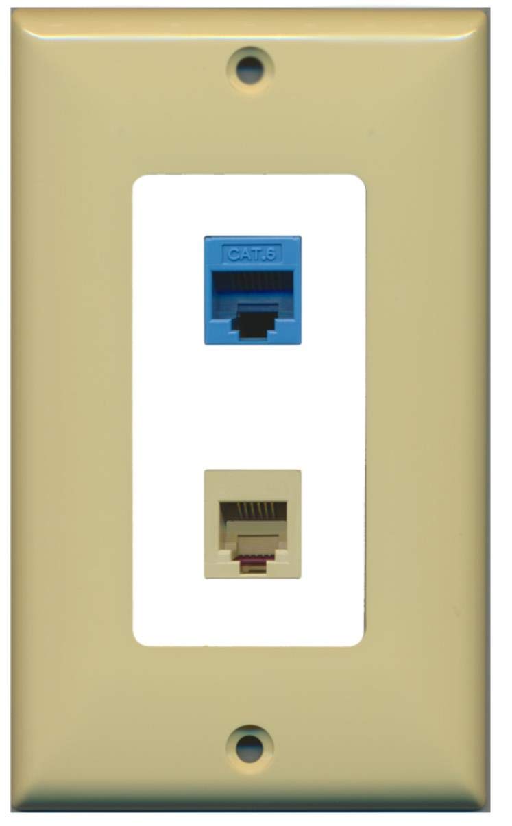 RiteAV - 1 Port Phone Beige 1 Port Cat6 Ethernet Blue Decorative Wall Plate - Ivory/White - Bracket Included