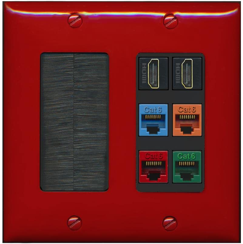 RiteAV 2 HDMI 4 Cat6 Ethernet Mixed Color Wall Plate - Brush [Red/Black]