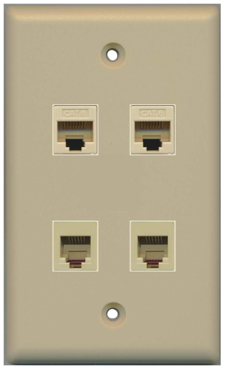 RiteAV - 2 Port Phone RJ11 RJ12 and 2 Port Cat6 Ethernet Wall Plate - Ivory