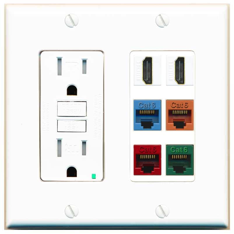 RiteAV 2 HDMI 4 Cat6 Ethernet Mixed Color Wall Plate - GFCI [White/White]