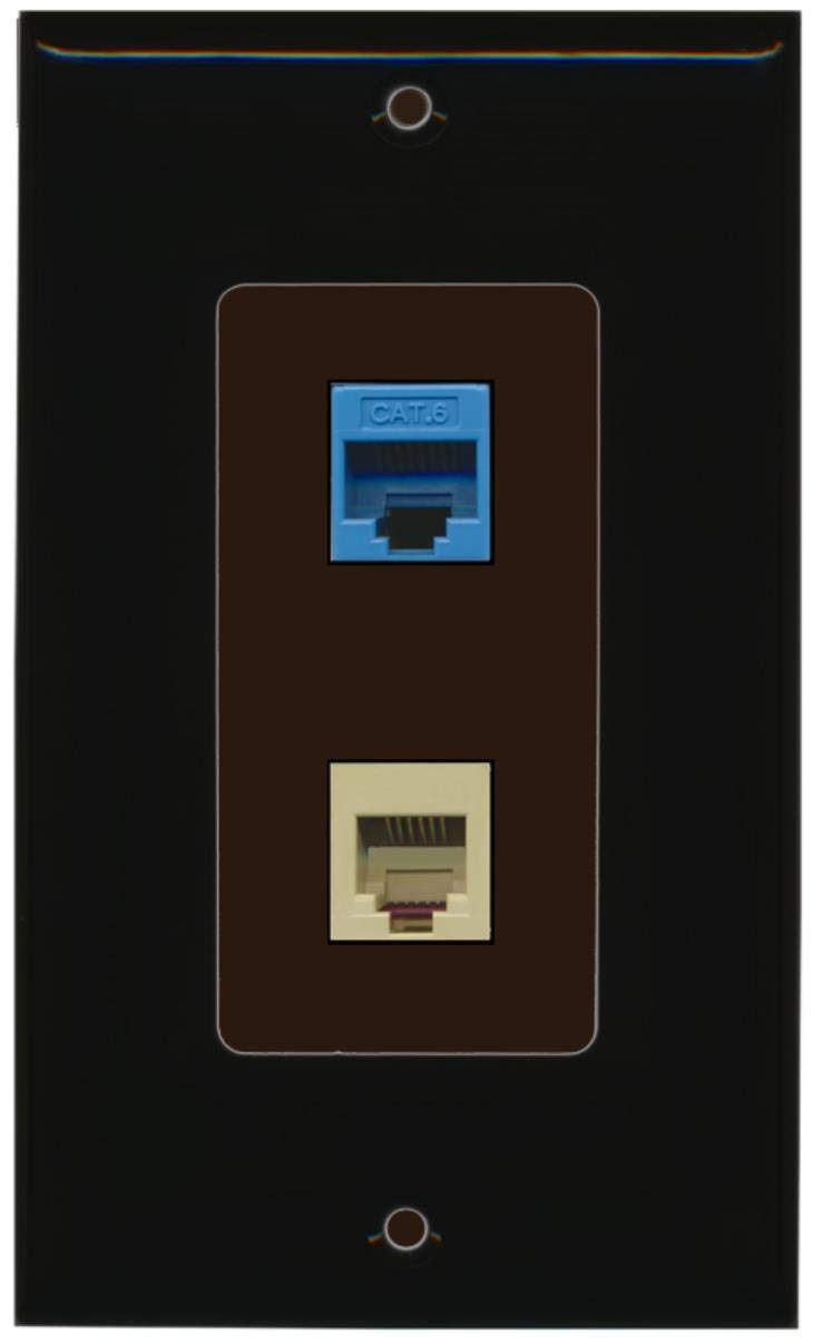 RiteAV - 1 Port Phone Beige 1 Port Cat6 Ethernet Blue Decorative Wall Plate - Black/Brown - Bracket Included
