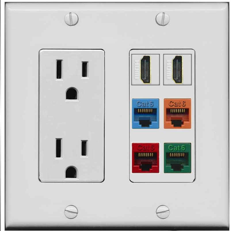 RiteAV 2 HDMI 4 Cat6 Ethernet Mixed Color Wall Plate - Outlet [Gray/Gray]