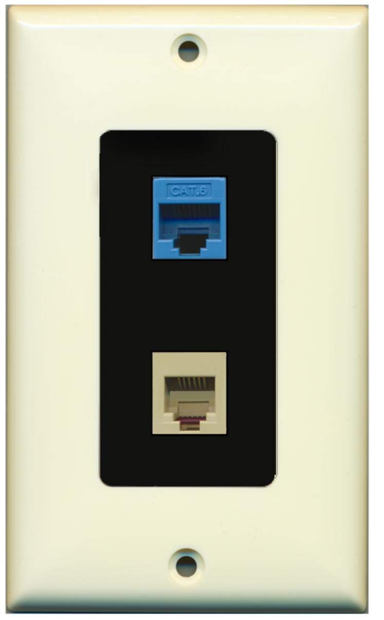 RiteAV - 1 Port Phone Beige 1 Port Cat6 Ethernet Blue Decorative Wall Plate - Light Almond/Black - Bracket Included